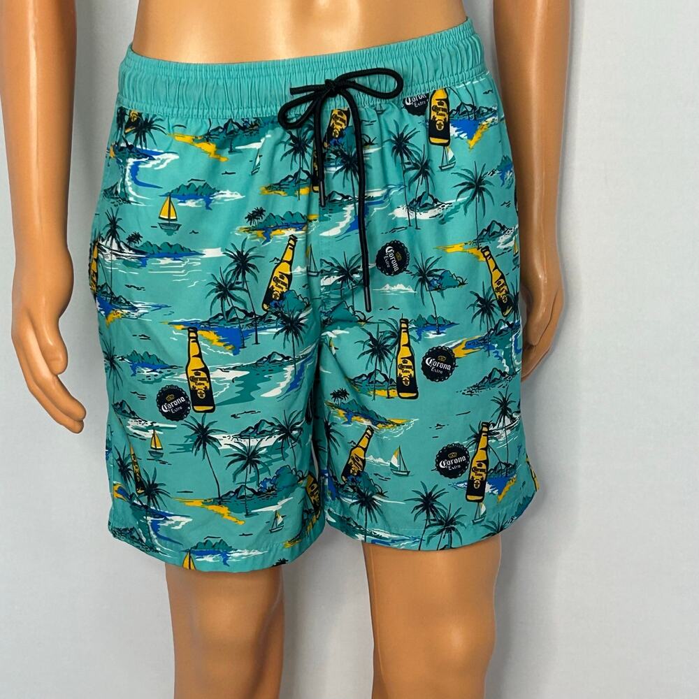 Corona Extra Men’s Tropical Swim Trunks Teal Palm Tree Beer Print Size Medium